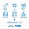 Election and voting thin line icons set: voters, ballot box, debate, online voting, government building. Vector illustration
