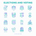 Election and voting thin line icons set: voters, ballot box, inauguration, corruption, debate, president, political victory,