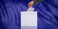 Hand inserting an envelope in a white blank ballot box on blue abstract background, copy space. 3d illustration