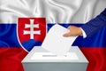 Elections in the country - voting at the ballot box. A man`s hand puts his vote into the ballot box. Flag Slovakia on background
