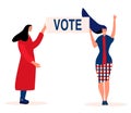 Elections day in USA or other country.Two young women are voting and polling.Patriotism, civic duty. Vector illustration with ball