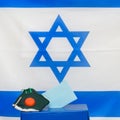 Israeli Elections.Bacterial respiratory face mask in box for ballot and vote paper in election on Israel flag background