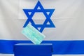 Israeli Elections. Medical face mask in a box for ballot in election on Israel flag background.