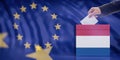 Hand inserting an envelope in a Netherlands flag ballot box on European Union flag background. 3d illustration