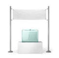 Elections, voting. Glass ballot box and white blank banner for advertising.