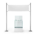 Elections, voting. Glass ballot box and white blank banner for advertising.