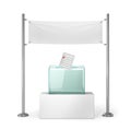 Elections, voting. Glass ballot box and white blank banner for advertising