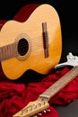 Electric and acoustic guitars on red cloth Royalty Free Stock Photo