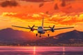electric airplane making a smooth, quiet landing at sunset