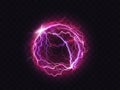 Electric ball, lightning circle strike impact place, plasma sphere in purple color isolated on dark background Royalty Free Stock Photo