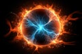 Electric ball, lightning circle strike impact place, plasma sphere in orange blue color isolated on dark background Royalty Free Stock Photo