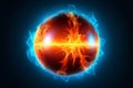 Electric ball, lightning circle strike impact place, plasma sphere in orange color isolated on dark background. Powerful Royalty Free Stock Photo