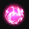 Electric ball, lightning circle strike impact place, plasma sphere in purple color isolated on dark background. Powerful Royalty Free Stock Photo