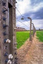 Electric barbed wires of the German nazi concentration and extermination camp world heritage Auschwitz Birkenau, Poland Royalty Free Stock Photo