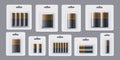 Electric batteries pack mockup. Realistic alkaline battery packages, different types of blister packaged accumulators vector set