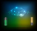 Electric battery energy charge brain, dark blue light abstract