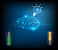 Electric battery energy charge brain, dark blue light abstract