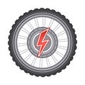 Electric bike hub wheel motor icon. E-bike electro power engine with lightning, tire. Motorized electrical bicycle part. Vector Royalty Free Stock Photo
