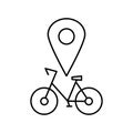 Electric bike icon on map pointer. Bicycle icon symbol design.  Vector illustration. Outline rent and share e-bike vector icon for Royalty Free Stock Photo