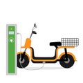 Electric bike scooter charging at charge station. Ecological city transport. Flat design.