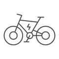 Electric bike thin line icon, electric transport concept, power bicycle vector sign on white background, outline style Royalty Free Stock Photo