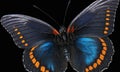 Electric blue butterfly on black background in macro photography Royalty Free Stock Photo