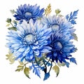 Electric Blue Chrysanthemums Watercolor Clipart On White Background Royalty Free Stock Photo