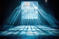 Electric blue light filters through prison cell bars Royalty Free Stock Photo