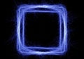 Electric-blue, square frame composed of intertwined light trails against a Royalty Free Stock Photo