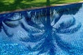 The palm tree is mirrored in the vibrant electric blue waters of the swimming pool Royalty Free Stock Photo