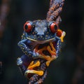 An electric blueeyed frog perches on a rope in a wildlife setting