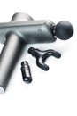 Electric body massager with various attachments on a white background.