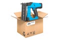 Electric brad nailer inside cardboard box, delivery concept. 3D rendering