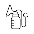 Electric breast pump with plug. Line art icon for expressing milk. Black simple illustration of device connected to socket.