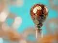 Electric bulb full of coins on blue background in dreamy bokeh foreground. Growing cost of light and energy concept. Payment for