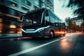 Electric bus at city street. Modern public transport. Generative AI Royalty Free Stock Photo