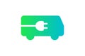 Electric bus icon. Green gradient cable electrical e-bus silhouette and plug charging symbol. Eco friendly electro