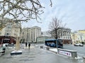 Moscow, Russia, February, 20, 2024. The electric bus left Okhotny Ryad Street for the Theater Passage Royalty Free Stock Photo