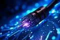 Electric cable background with sparks and bare wires. Fiber optics network cable lights abstract background. Fiber optic cable for