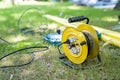 Electric cable hub in the field grass garden at noon Royalty Free Stock Photo