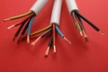 Electric cables with wires on red background, closeup view Royalty Free Stock Photo