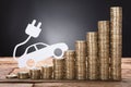 Electric Car Against Stacked Coins On Wooden Table Royalty Free Stock Photo