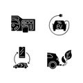 Electric car benefits black glyph icons set on white space