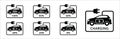 Electric car charge percentage icon set. Electric car with charging power cord cable. Battery left indicator vector stock