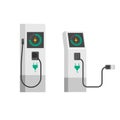 Electric car charger vector illustration, flat cartoon electric vehicle charging station with wire cable isolated