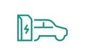 Electric car charging in charger station linear green icon. Electrical auto power charge symbol. Eco friendly electro