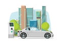Electric car charging from charger station near city vector illustration, concept of eco city with modern automobile