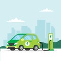 Electric car charging on city background. Concept illustration for environment, ecology, sustainability, clean air Royalty Free Stock Photo