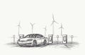 Electric Car charging hand drawn illustration. Vector, eps10. Royalty Free Stock Photo