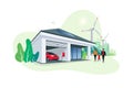 Electric Car Charging at Home Garage Wall Box with Solar Panels and Wind Power Station Royalty Free Stock Photo